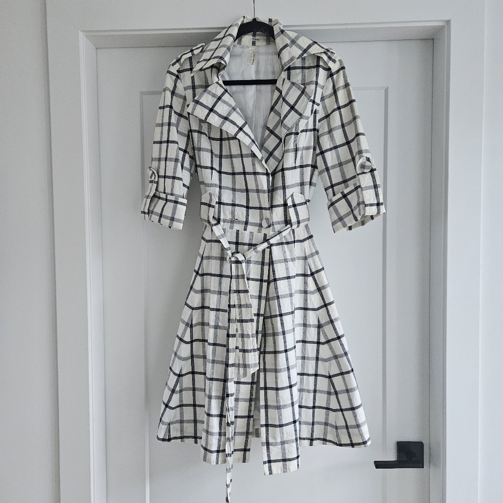 Lapis Plaid Trench Style Shirt Dress Tie Waist Black & White - Large